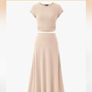 PrettyGarden Elegant Beige Ribbed cropped top & Skirt Set M